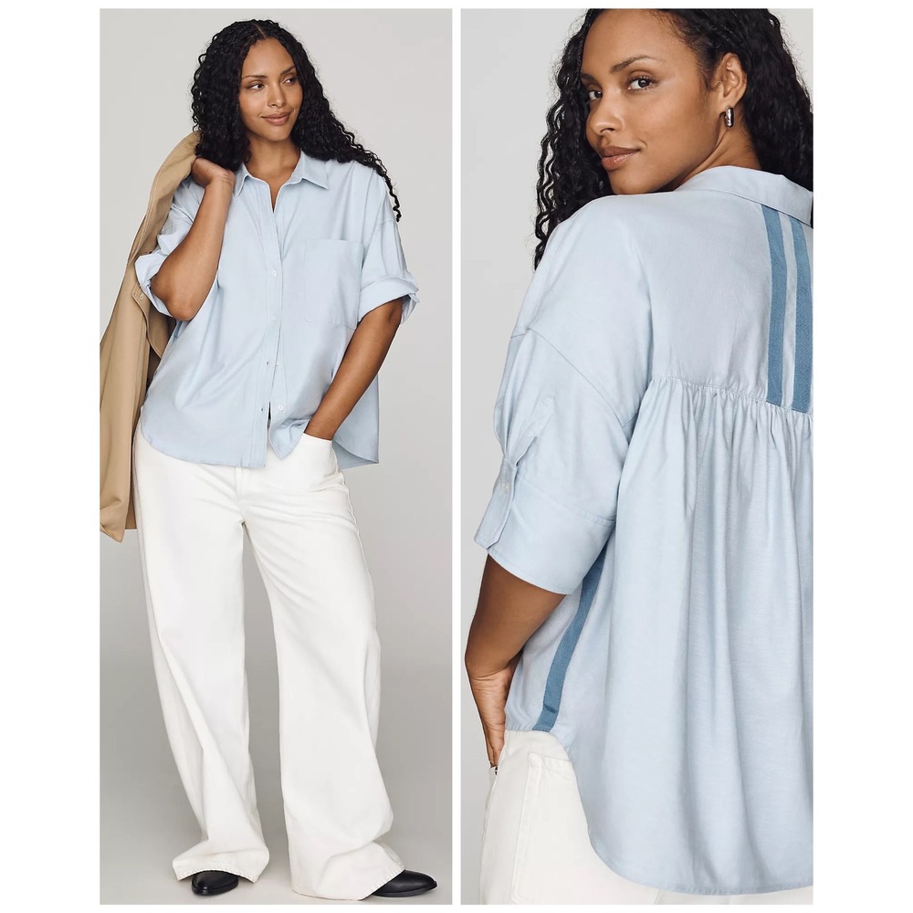 Maeve Mabel Boxy Oxford Shirt Women 3X Blue Button Down Cotton Short Sleeve